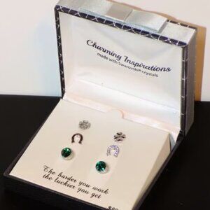 New $60 Tag 3 Pairs Lucky Swarovski Crystal Fine Silver Plated Stud Earrings